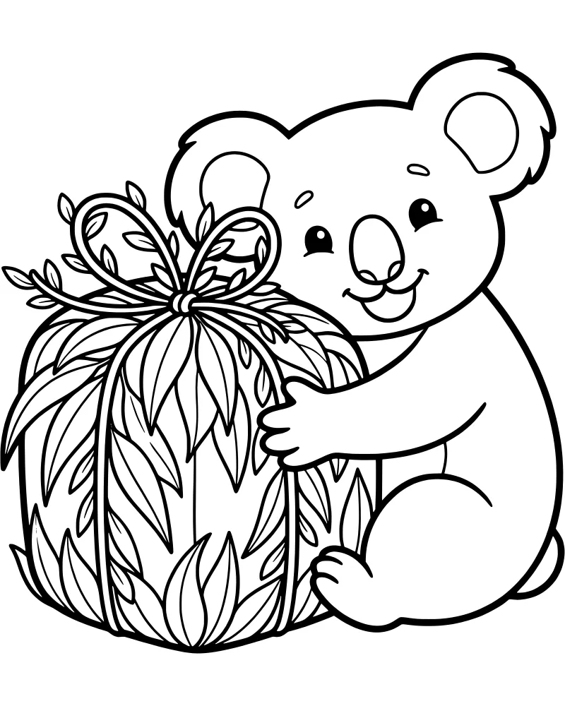 A cartoon koala hugging a large gift box decorated with a ribbon and a big bow, surrounded by eucalyptus leaves.