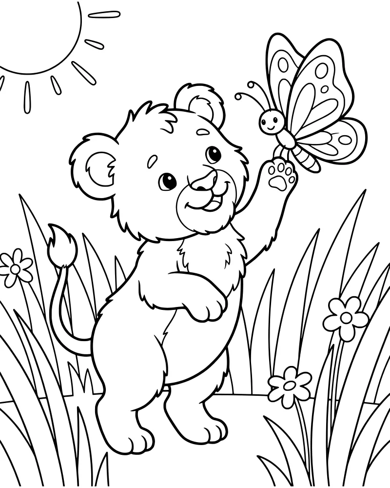 Cartoon lion cub in tall grass reaching for a butterfly under a bright sun with flowers.