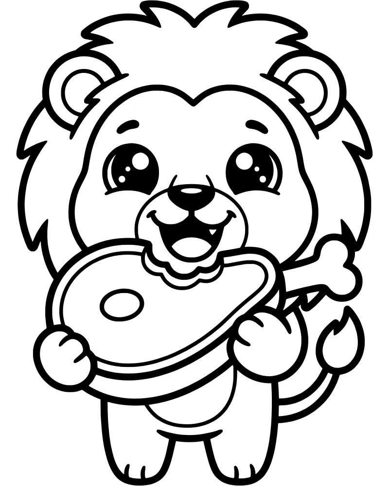 A cartoon lion cub sitting down and holding a large piece of meat with a bone in its paws, smiling with its tongue out.