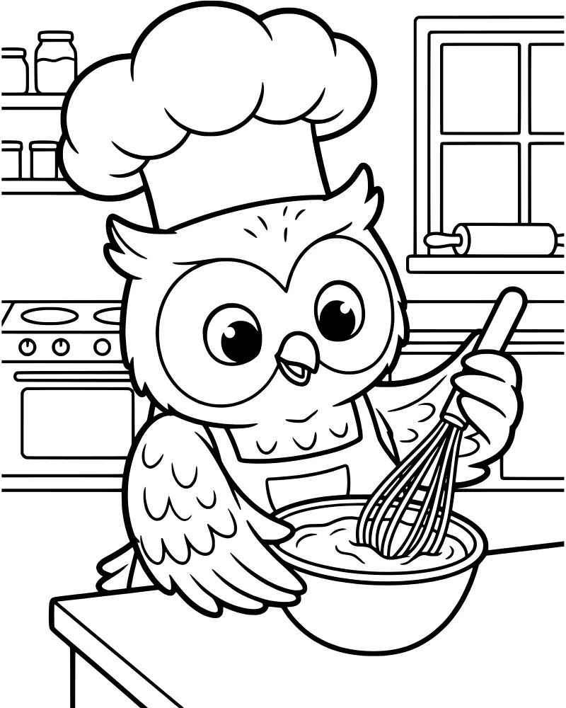 A cartoon owl wearing a chef hat and apron whisks ingredients in a bowl on a kitchen counter with an oven and window in the background.