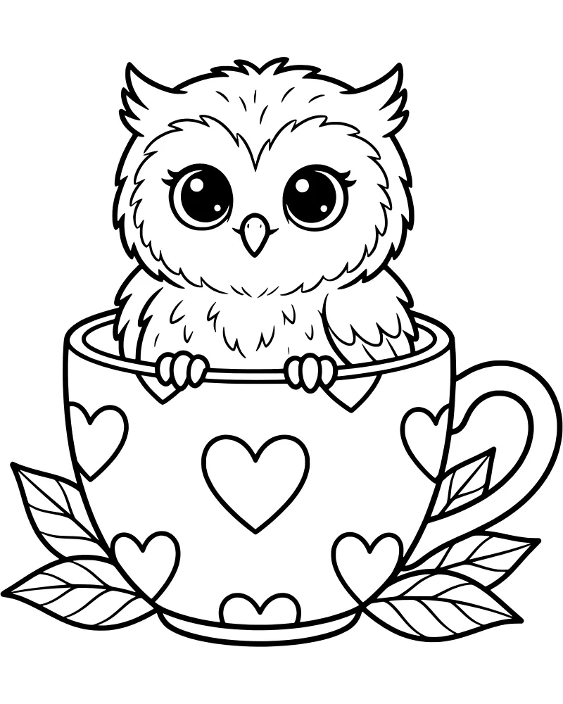 A cartoon owl with large eyes sitting inside a coffee mug decorated with hearts and surrounded by leaves on the ground.