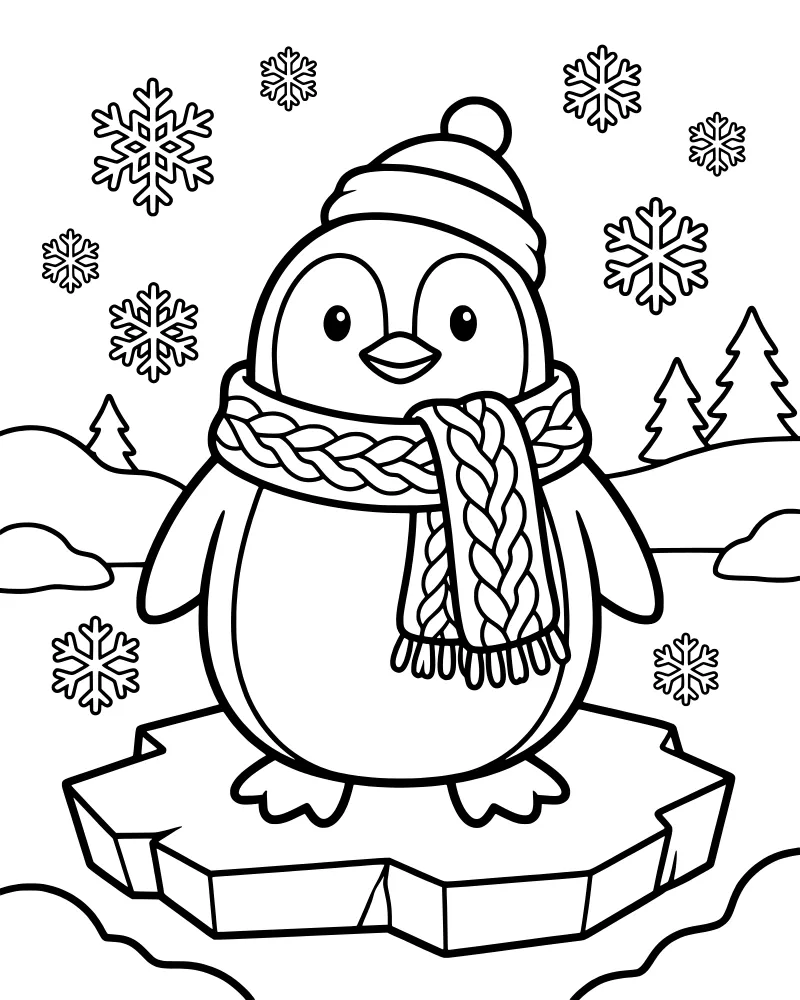 A cartoon penguin wearing a striped scarf and beanie hat stands on an ice floe with snowflakes and pine trees in the background.