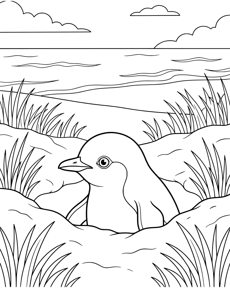 A cartoon penguin with a large eye peeks out from an earthen burrow surrounded by grass with ocean waves and clouds in the background.