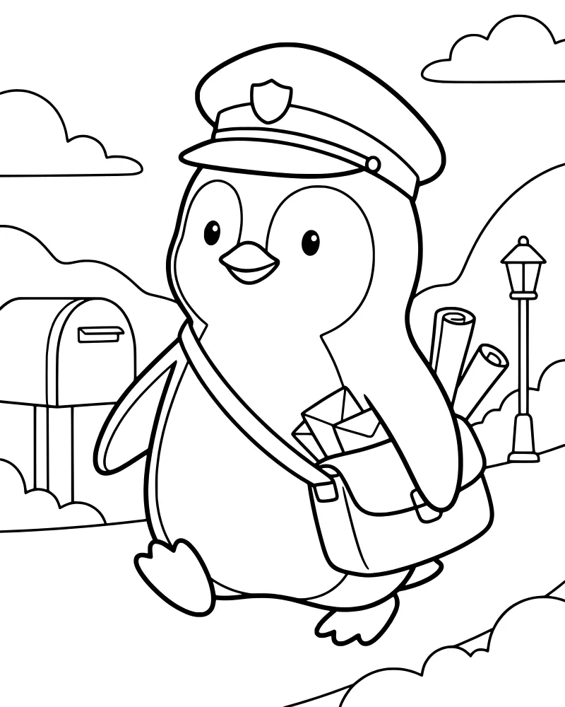 A cartoon penguin wearing a postman hat and carrying a mail bag full of letters on a path with a mailbox and street lamp nearby.