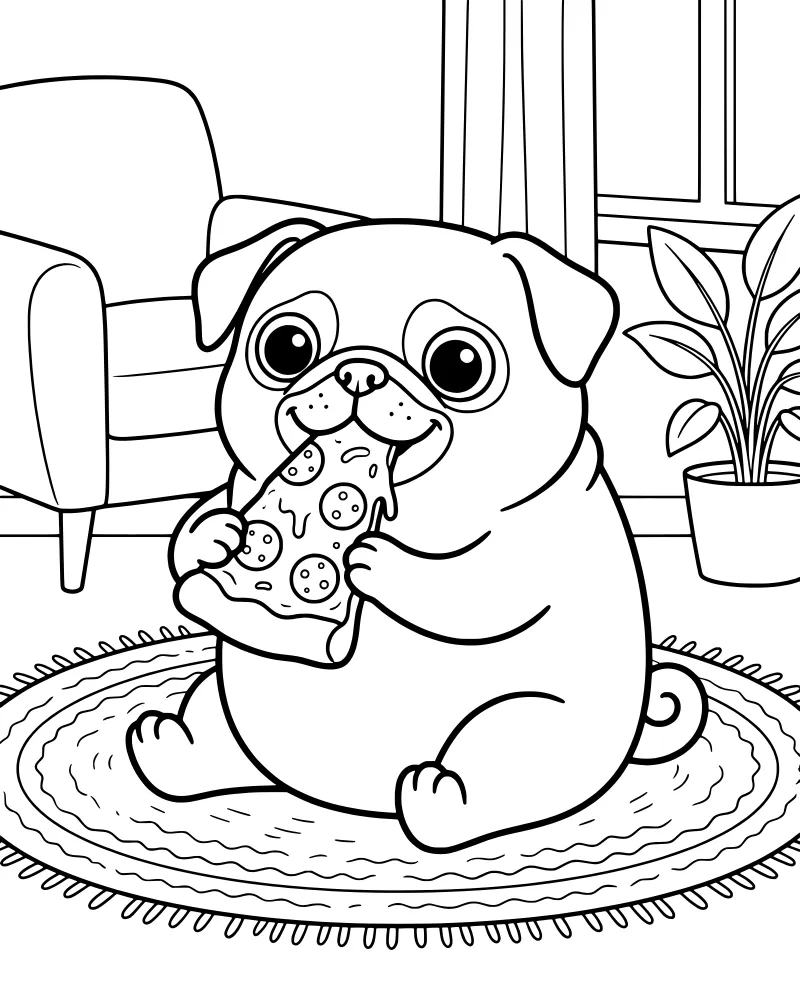 Cartoon pug sitting on a rug eating a slice of pizza in a room with a window and plant.
