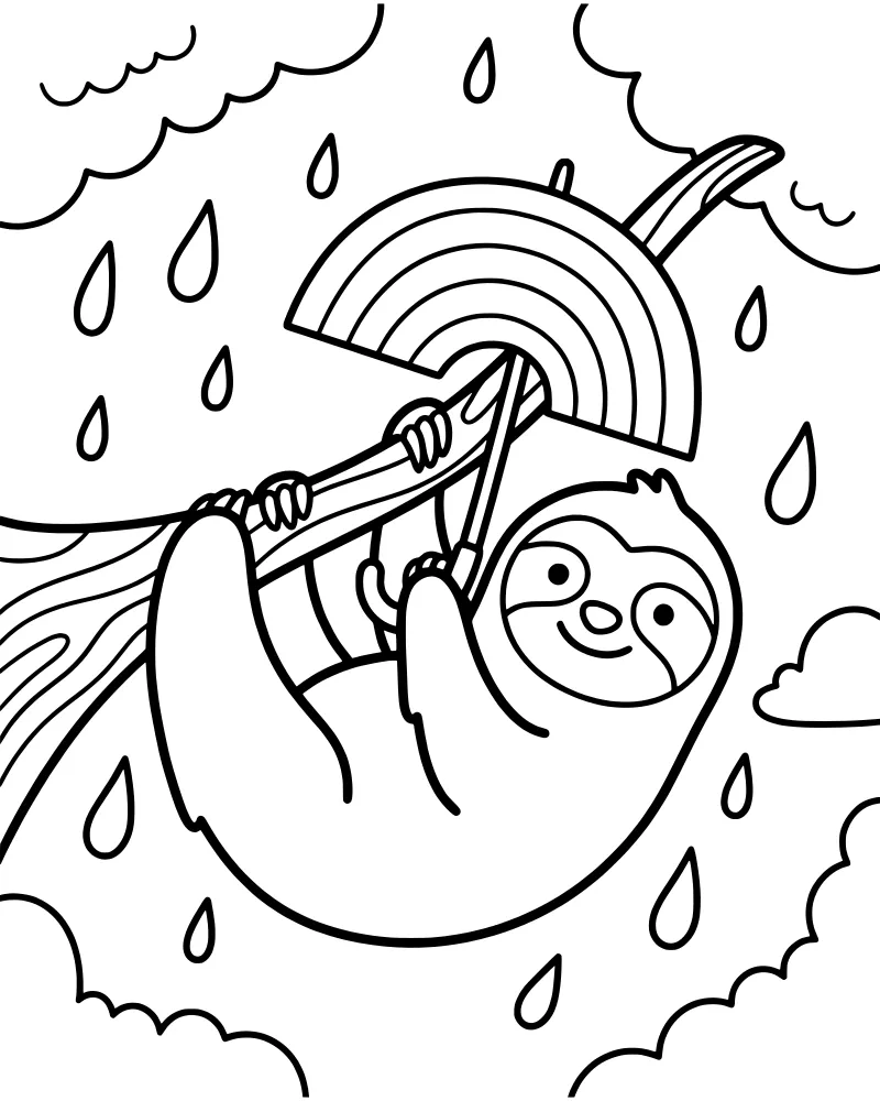 A cartoon sloth hanging upside down from a tree branch with a large rainbow and rain clouds in the background