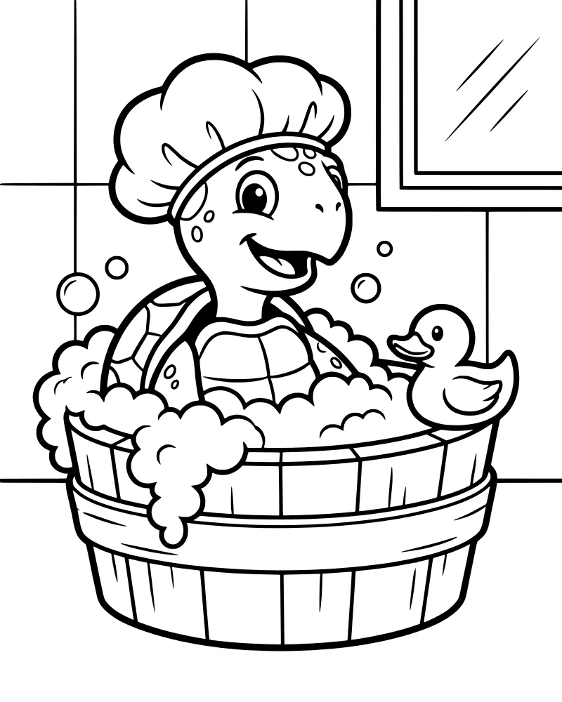 A cartoon turtle wearing a shower cap sits in a wooden bathtub filled with bubbles and a rubber ducky against a tiled wall with a mirror.