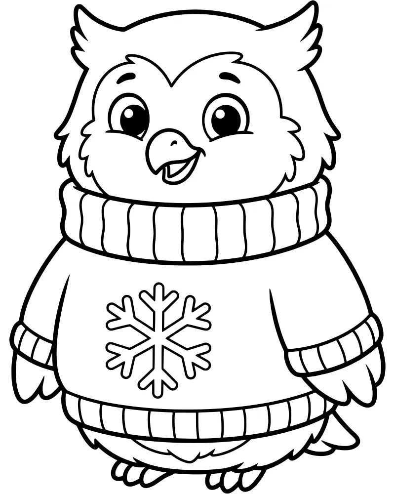 A cartoon owl wearing a cozy sweater with a large snowflake design on the front.