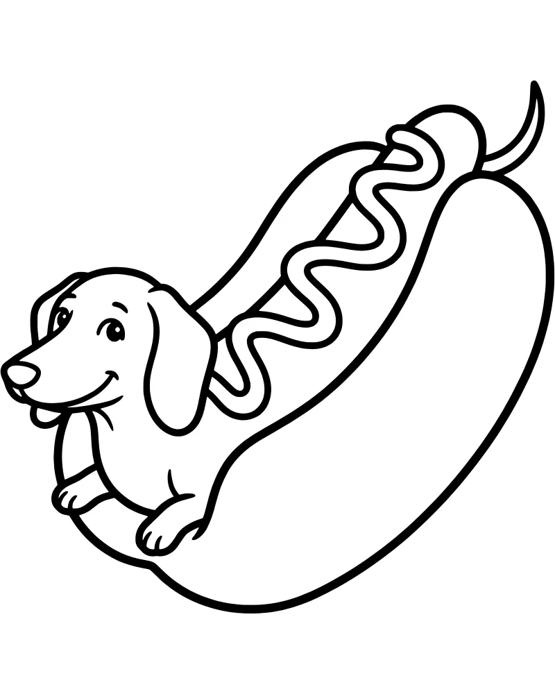 A cartoon dachshund dog sitting inside a long hot dog bun with a squiggle of mustard on top.