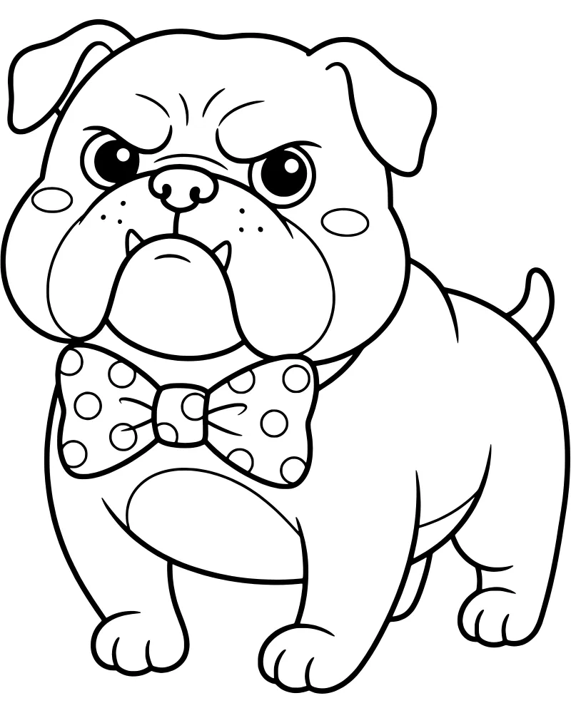 A cartoon bulldog sitting down and wearing a large bow tie with polka dots, showing a playfully grumpy facial expression.
