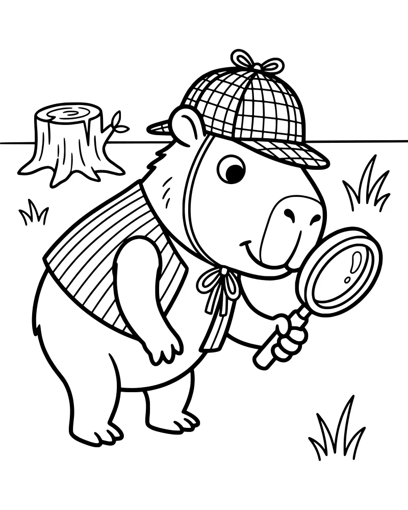 A cartoon capybara wearing a detective hat and vest looking through a magnifying glass at the grass next to a tree stump.