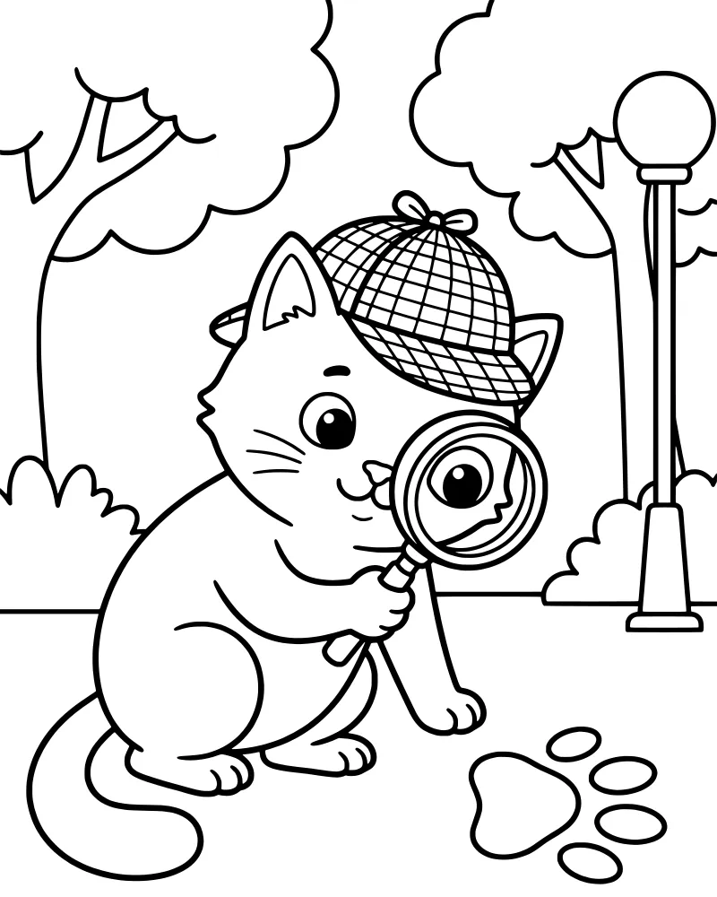 A cartoon cat wearing a detective hat and looking through a magnifying glass at paw prints in a park with trees and a lamppost.