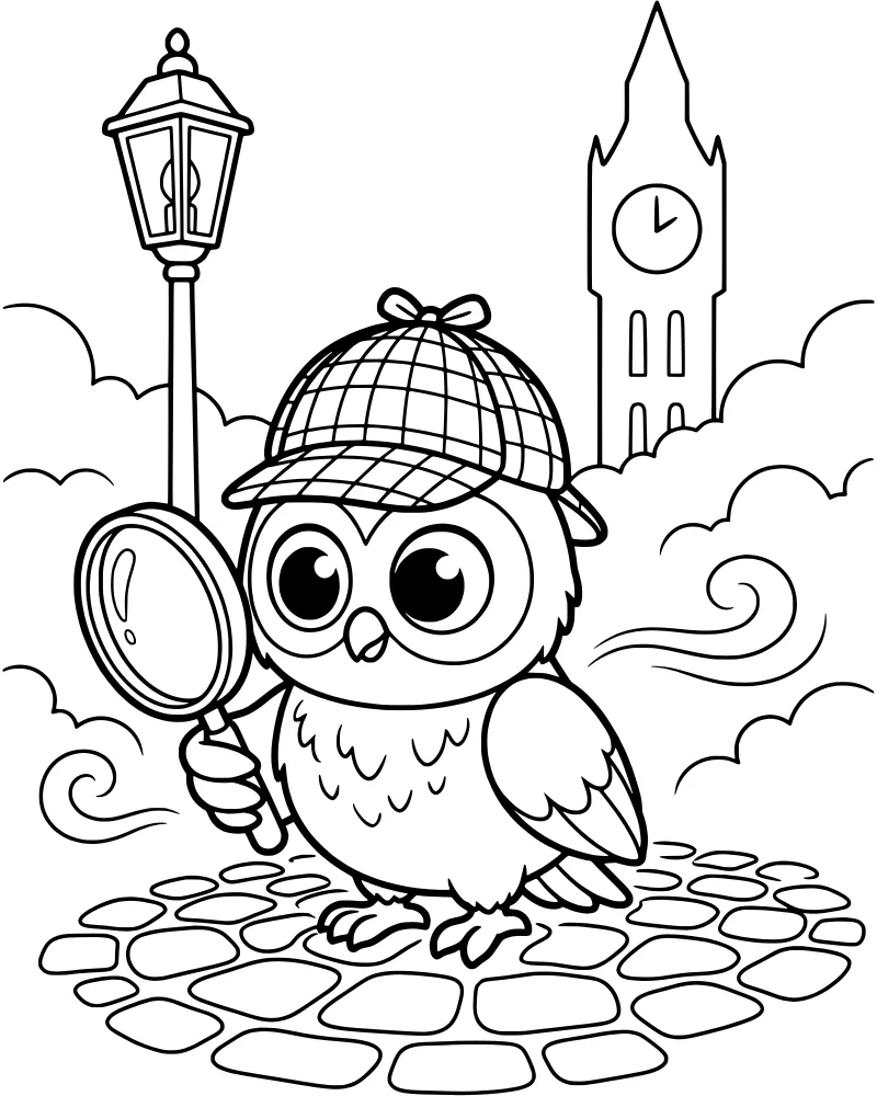 A cartoon owl wearing a detective hat and holding a magnifying glass on a cobblestone street with a clock tower in the background.