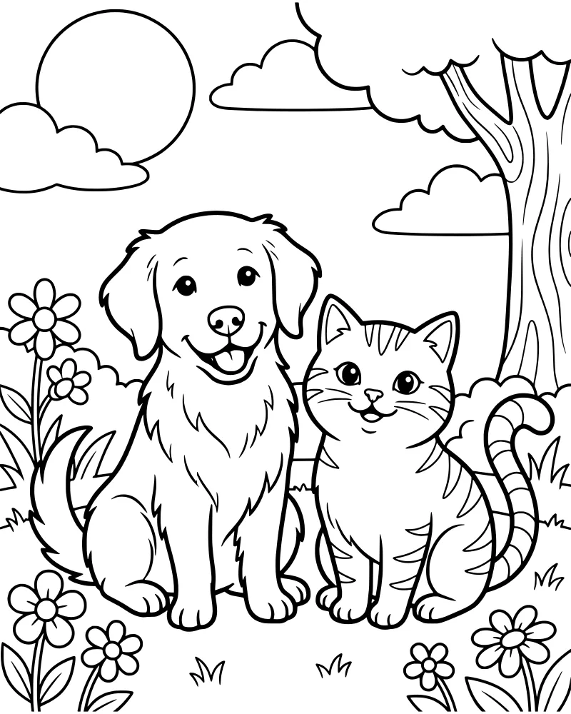 A cartoon dog and cat sit together in a grassy field with flowers under a leafy tree with the sun and clouds above.