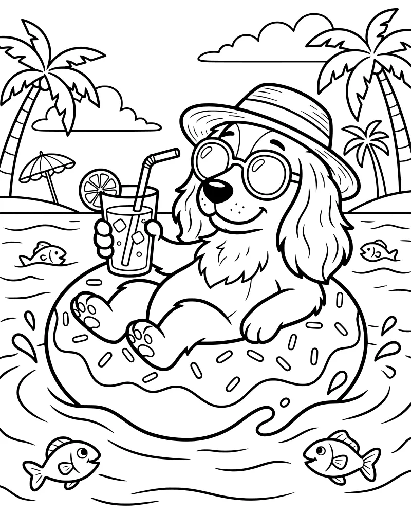 A cartoon dog wearing a hat and sunglasses relaxes on a donut float in the ocean with a tropical beach and palm trees in the background.