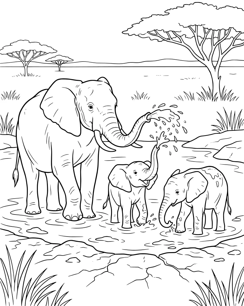 A cartoon adult elephant spraying water with its trunk while two baby elephants splash in a watering hole surrounded by acacia trees and rocks.
