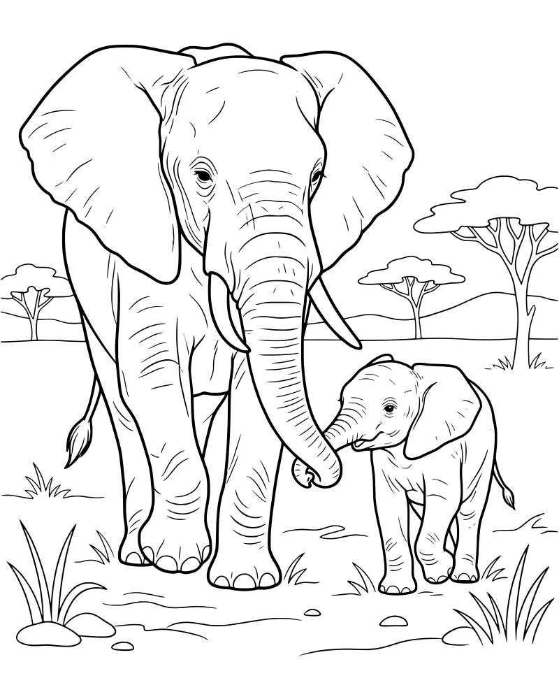 A cartoon adult elephant and a baby calf standing in a grassy savanna with rocks and flat-topped acacia trees.