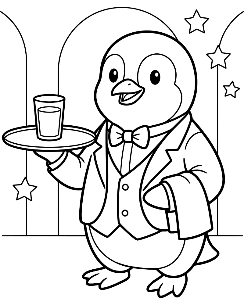 A cartoon penguin wearing a suit, vest, and bow tie holds a tray with a glass of water inside a starry archway.