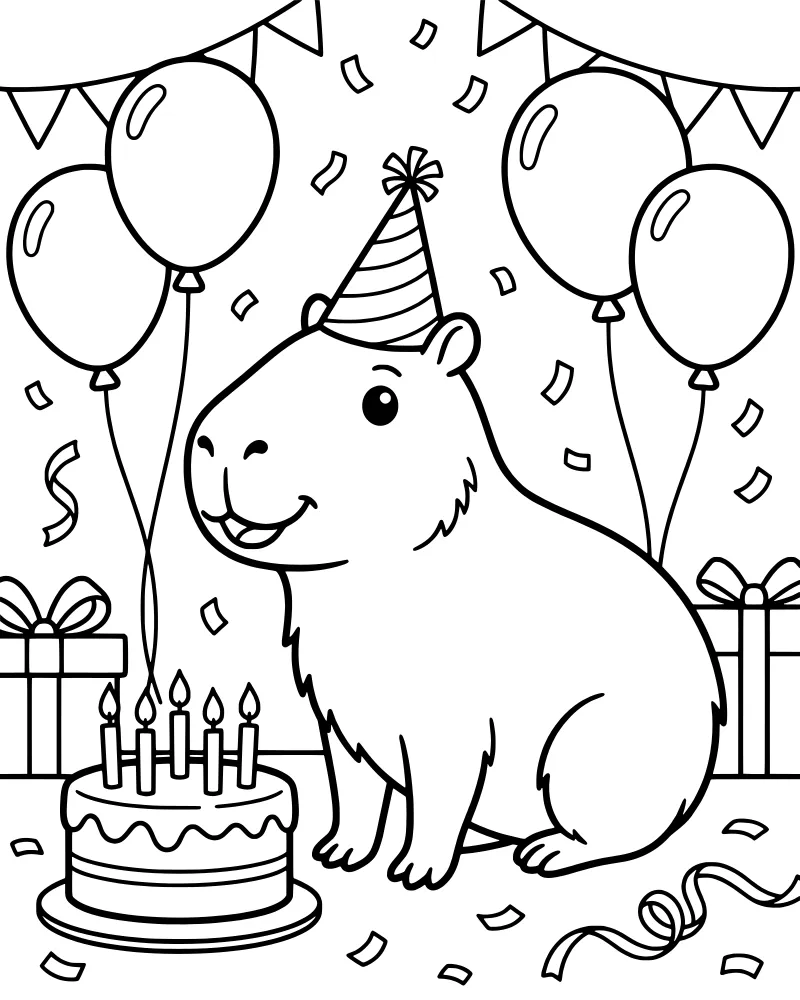 A cartoon capybara wearing a party hat sits behind a birthday cake with candles, surrounded by balloons and gifts.