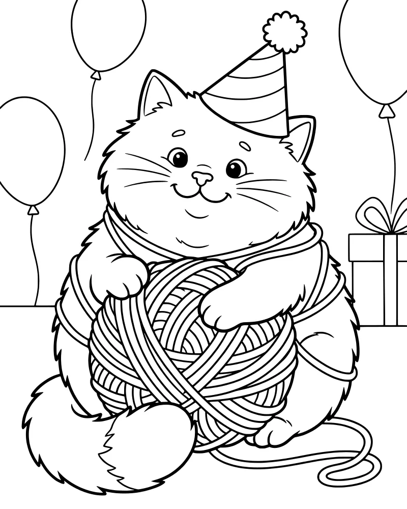 A cartoon cat wearing a party hat tangled in a ball of yarn with birthday balloons and a gift box in the background.