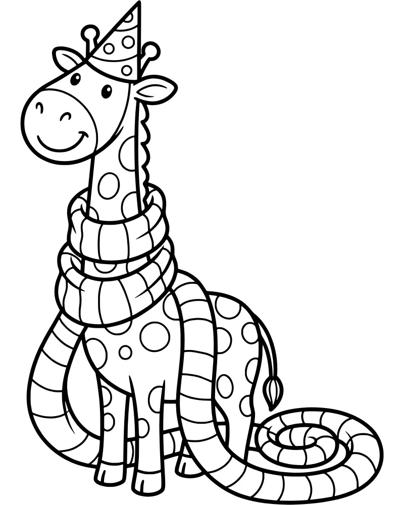 A cartoon giraffe wearing a striped party hat and a cozy scarf with its tail curled and many spots on its body.