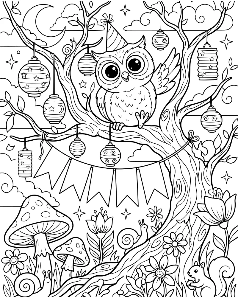 A whimsical cartoon owl wearing a party hat on a tree branch with lanterns, bunting, a squirrel, and a crescent moon in the background.
