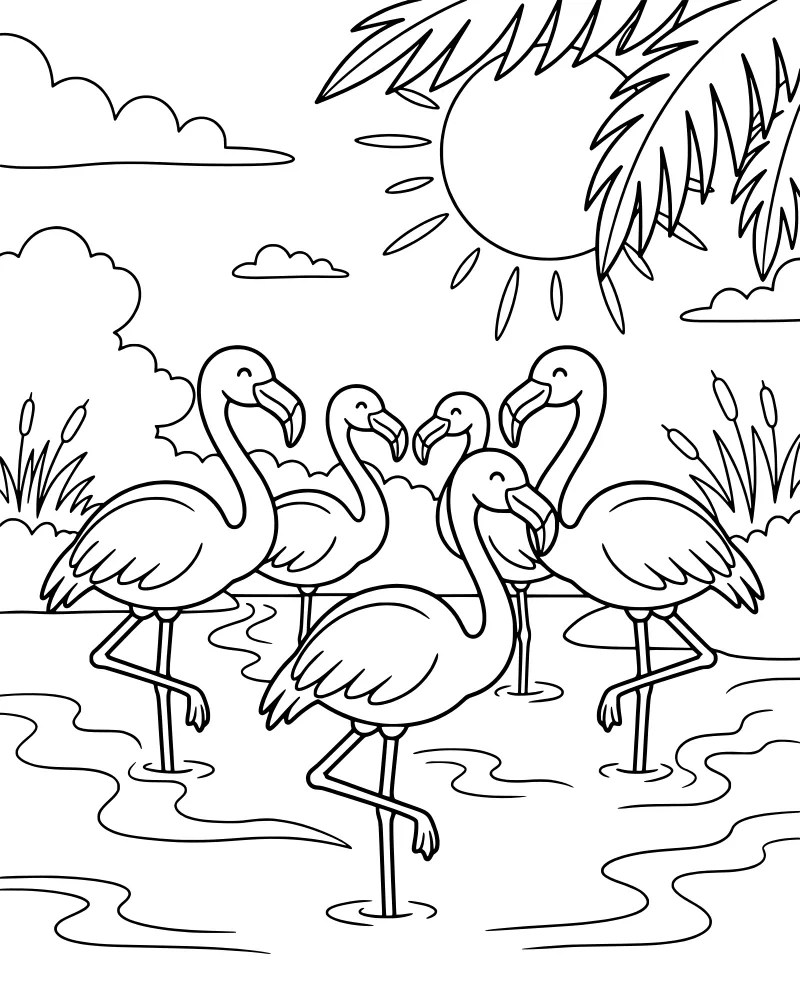Five cartoon flamingos standing in water with reeds and palm trees under a sunny sky.