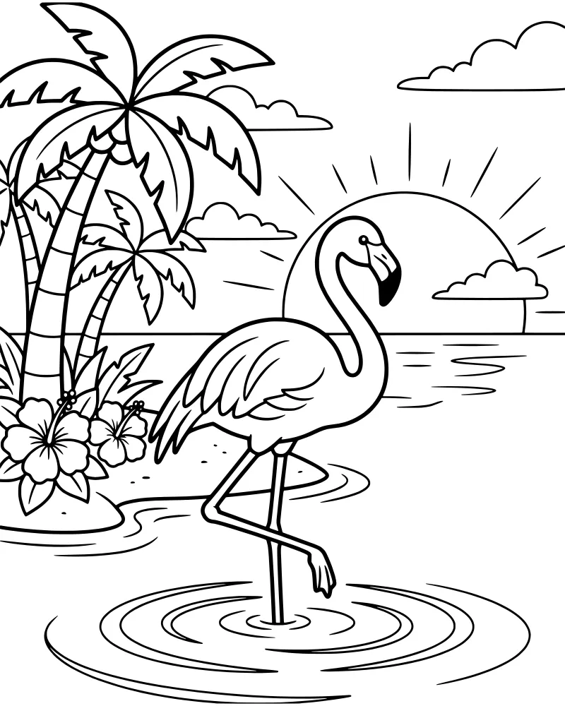 A cartoon flamingo stands on one leg in the water at a tropical beach with palm trees, hibiscus flowers, and a large sunset in the background.