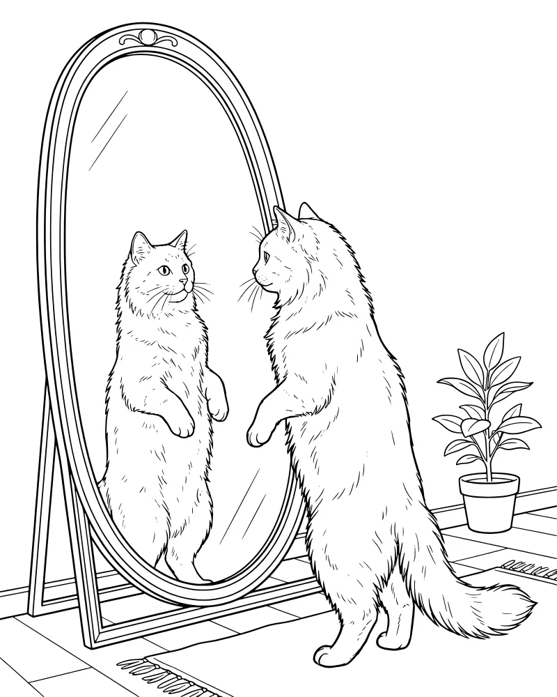 A cartoon fluffy cat standing on its hind legs looking into a large oval mirror with a potted plant and rug nearby.