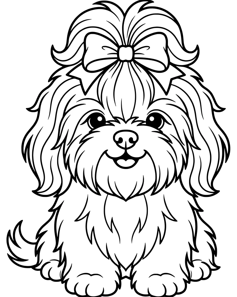A cheerful cartoon dog with fluffy fur and a large bow sitting and smiling.