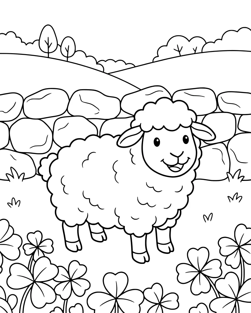 A cartoon sheep standing in a field of clover flowers with a stone wall, trees, and rolling hills in the background.