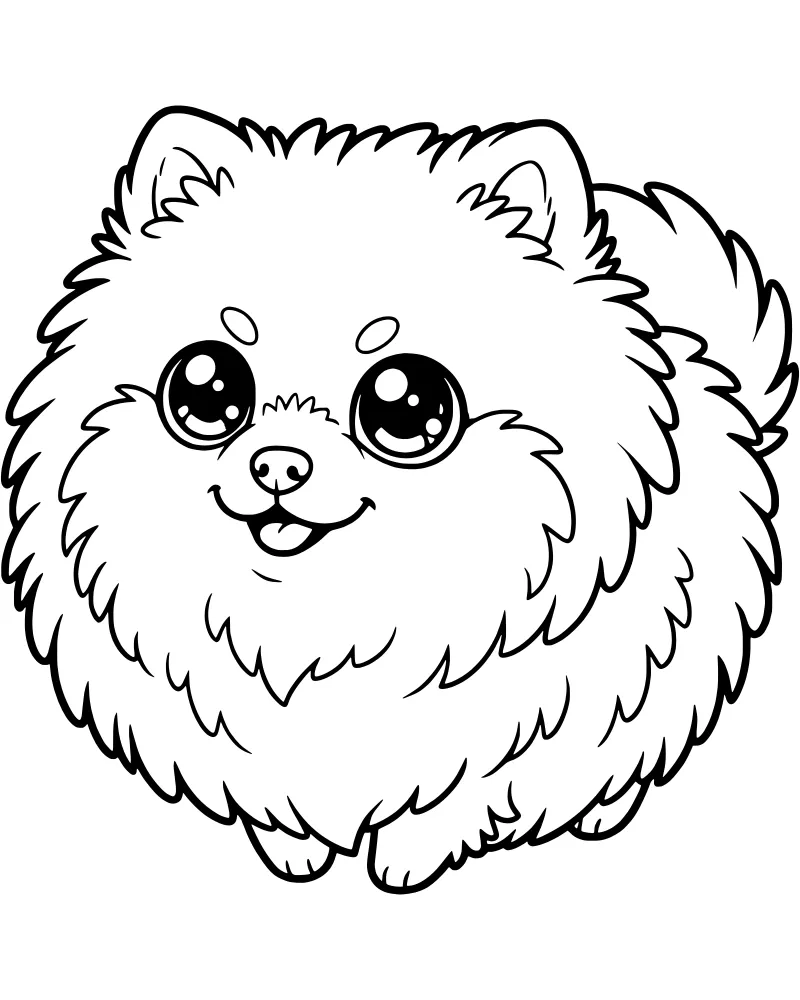A cartoon drawing of a smiling Pomeranian dog with very fluffy fur and large twinkling eyes.