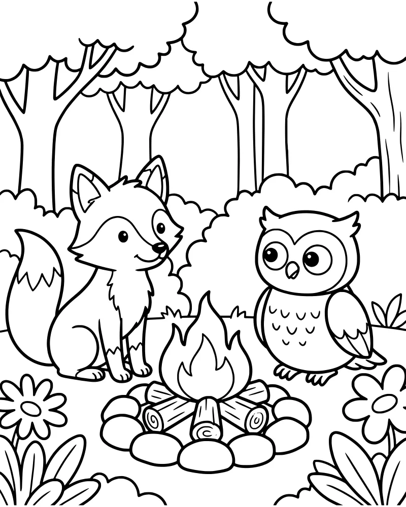 A cartoon fox and owl sitting on logs around a campfire in a forest clearing with trees, flowers, and stones.