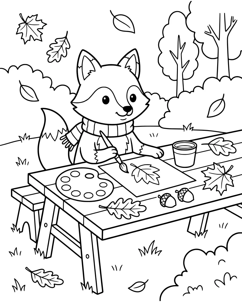 A cartoon fox wearing a scarf sits at a picnic table in a forest, holding a paintbrush and painting autumn leaves on paper.
