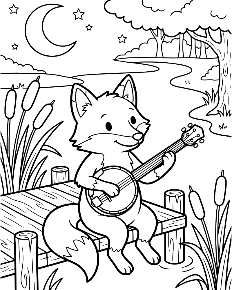 A cartoon fox sitting on a wooden pier playing a banjo at night with a full moon, stars, and cattails in the background.