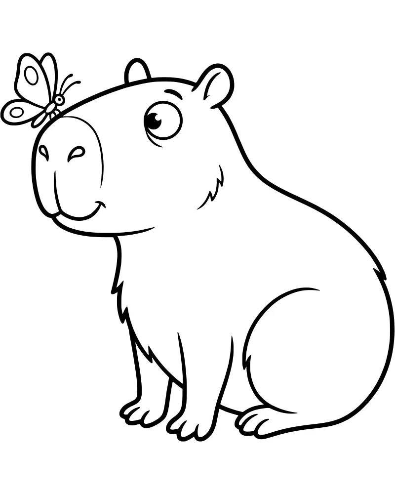 A cartoon capybara sitting down with a small butterfly resting on its nose in a peaceful pose.