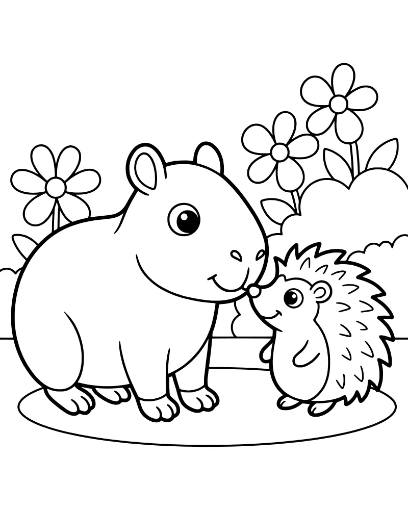 A cartoon capybara and a small hedgehog interacting in a grassy field with wildflowers and bushes.
