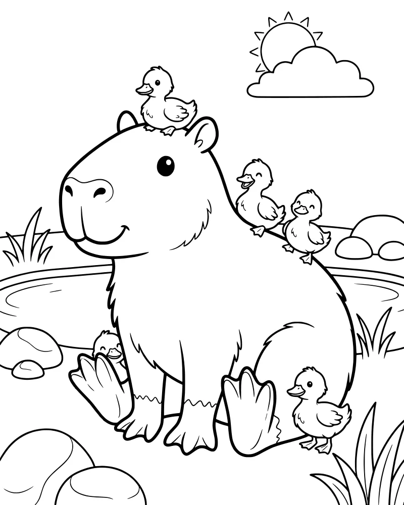 A cartoon capybara sitting in the grass with several small ducklings near a pond under a sunny sky.