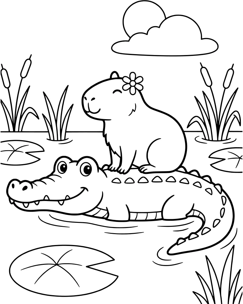 A cartoon capybara with a flower in its hair sitting on the back of a smiling crocodile in a pond with lily pads and cattails under a bright sun.