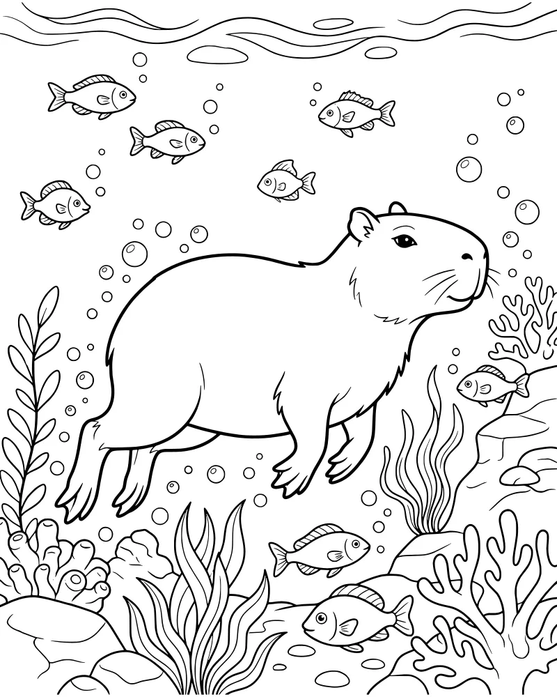 A cartoon capybara swimming gracefully underwater surrounded by small fish, coral reefs, and bubbles.