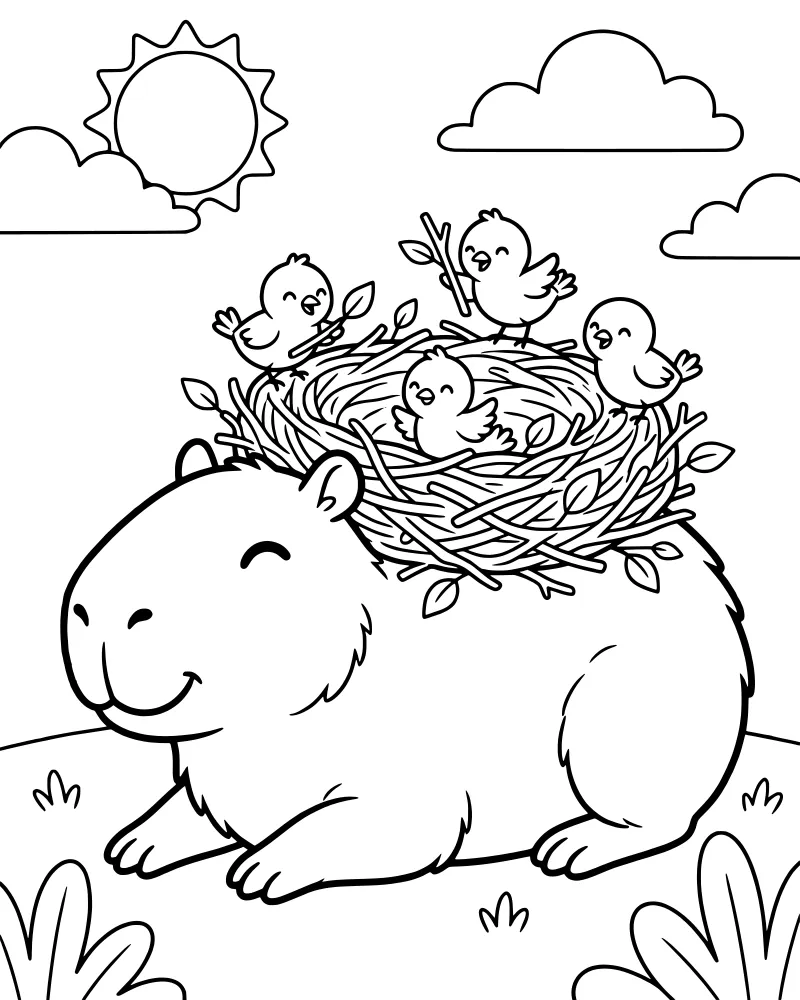Cartoon capybara resting on grass with a bird's nest and three small chicks perched on its head under a smiling sun and clouds.