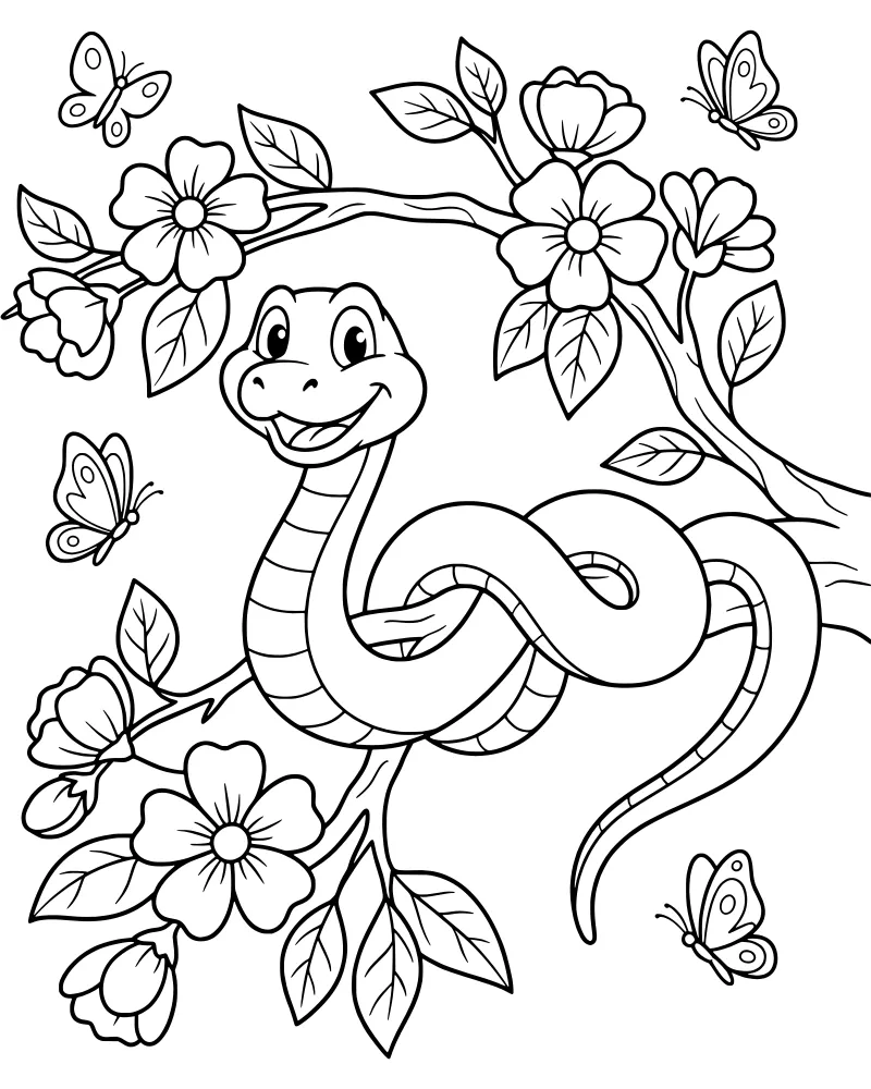 A happy cartoon snake with a big smile coiled around a tree branch with blooming flowers, leaves, and fluttering butterflies.