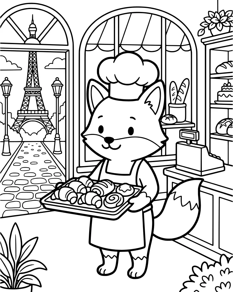A cartoon fox wearing a chef hat holds a tray of croissants in a bakery with the Eiffel Tower visible through the window.