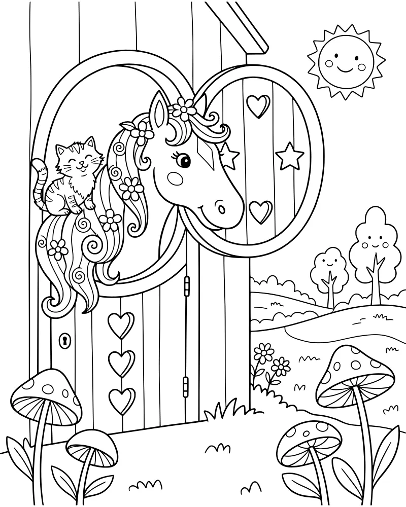 A cartoon horse head peeking out of a barn door with a cat sitting on its mane, surrounded by hearts, stars, and a smiling sun.
