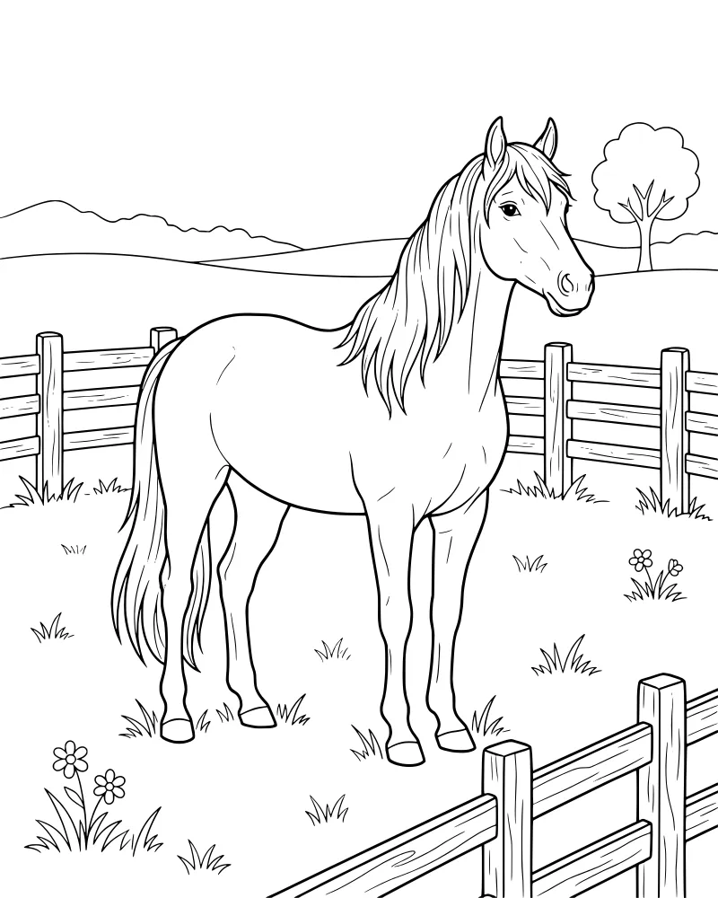 A cartoon horse stands in a fenced grassy field with flowers, a large tree, and mountains in the background.
