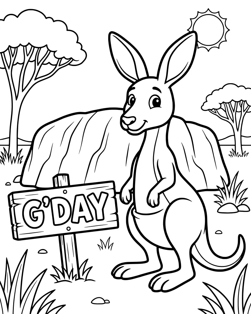 A cartoon kangaroo stands next to a wooden sign reading G'DAY in a desert landscape with a large rock formation and sun.