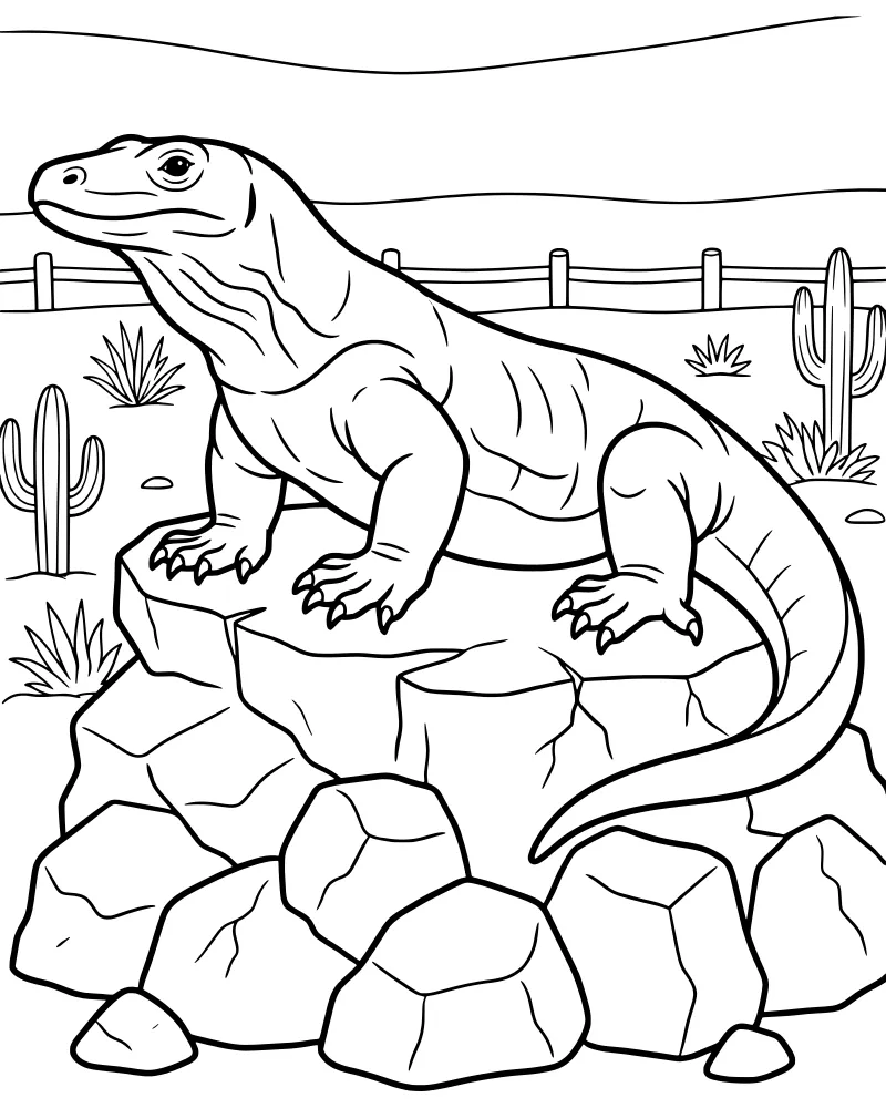 A cartoon Komodo dragon sits on a pile of rocks surrounded by cacti and bushes with a fence and hills in the background.