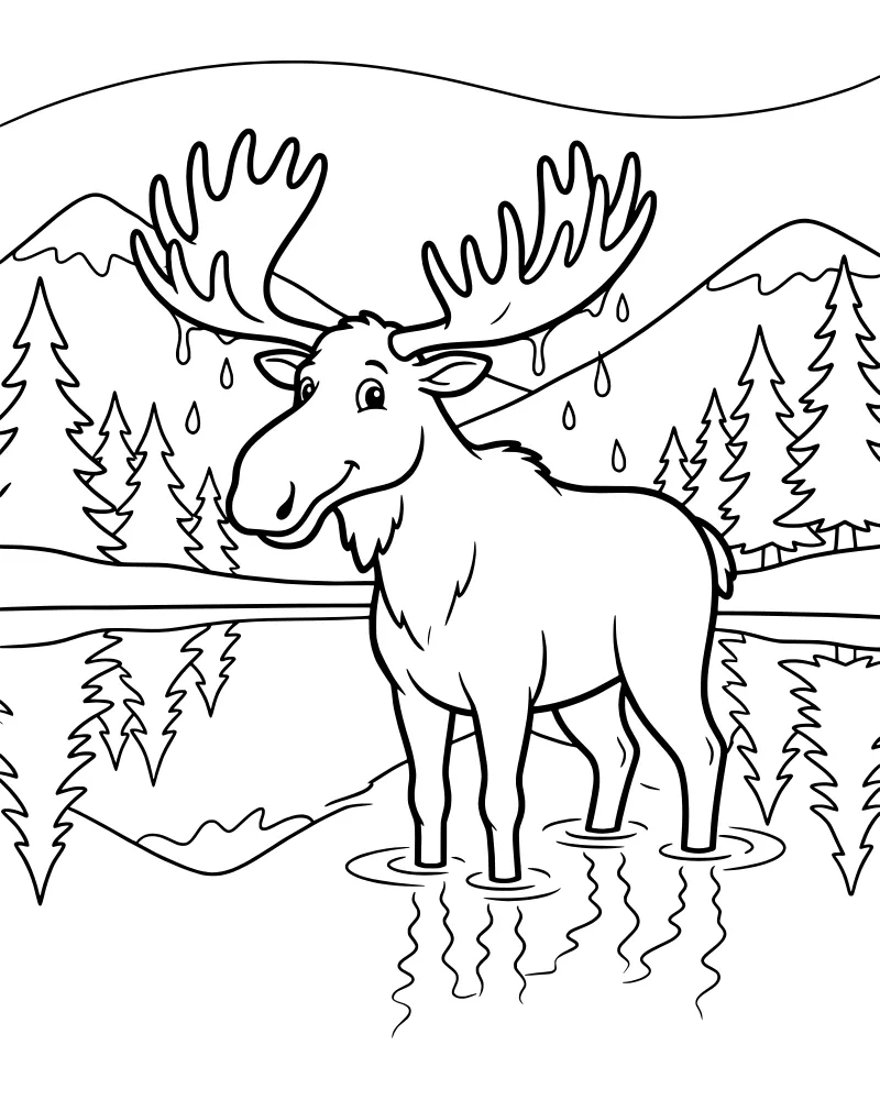 A cartoon moose with large antlers standing in a lake with mountains, pine trees, and rain in the background.