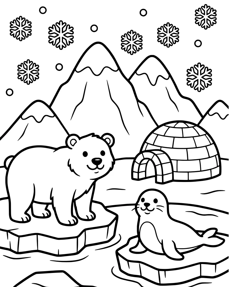 Cartoon polar bear and seal on floating icebergs near an igloo and mountains with falling snowflakes.
