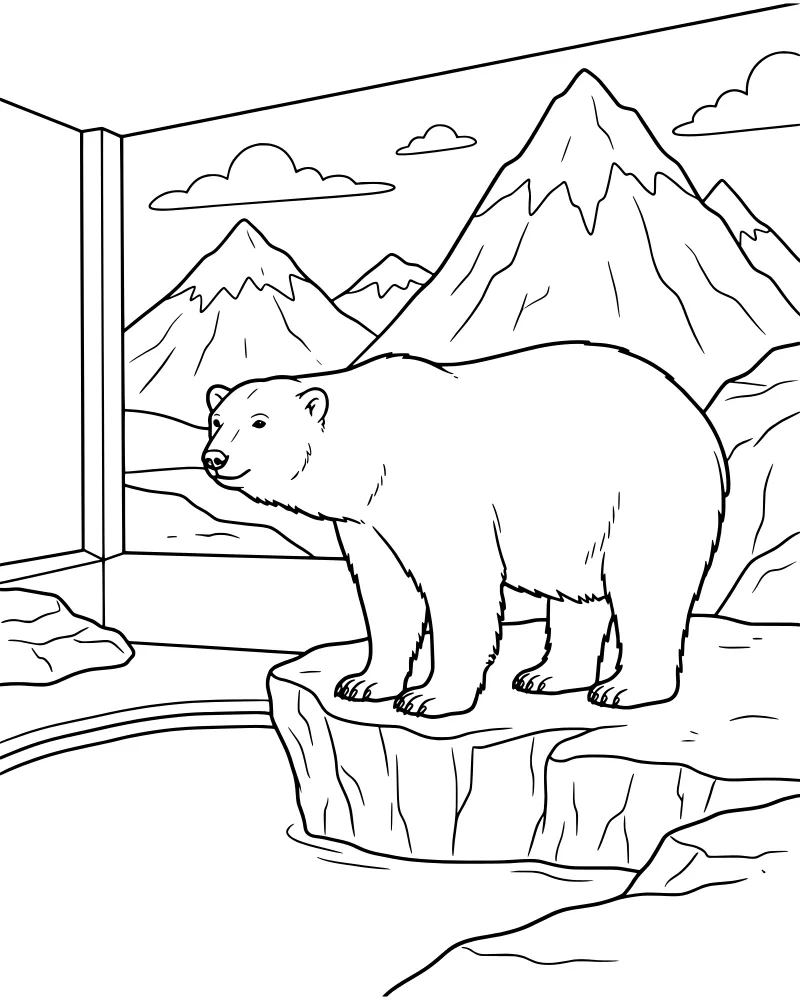 A cartoon polar bear standing on a small iceberg in the water with snowy mountains and clouds in the background and a zoo wall on the left.